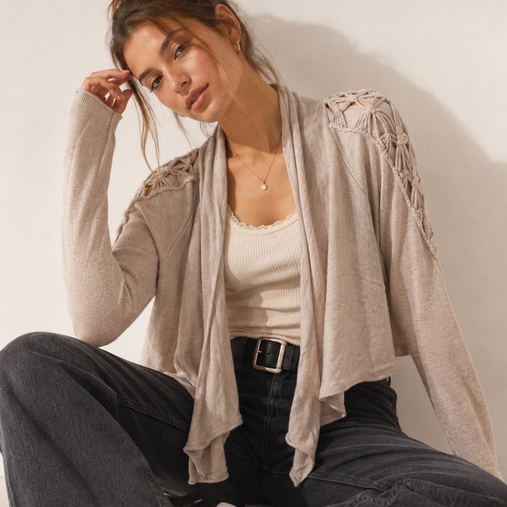Rebecca Taylor Waterfall Cardigan Taupe Crochet Shoulder Wool Blend Open Front